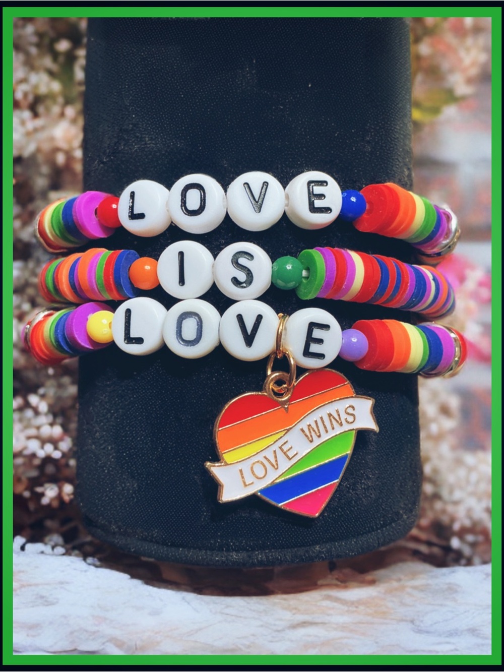 Love Is Love Rainbow Beaded Bracelet Set with Heart Charm - Multicolor